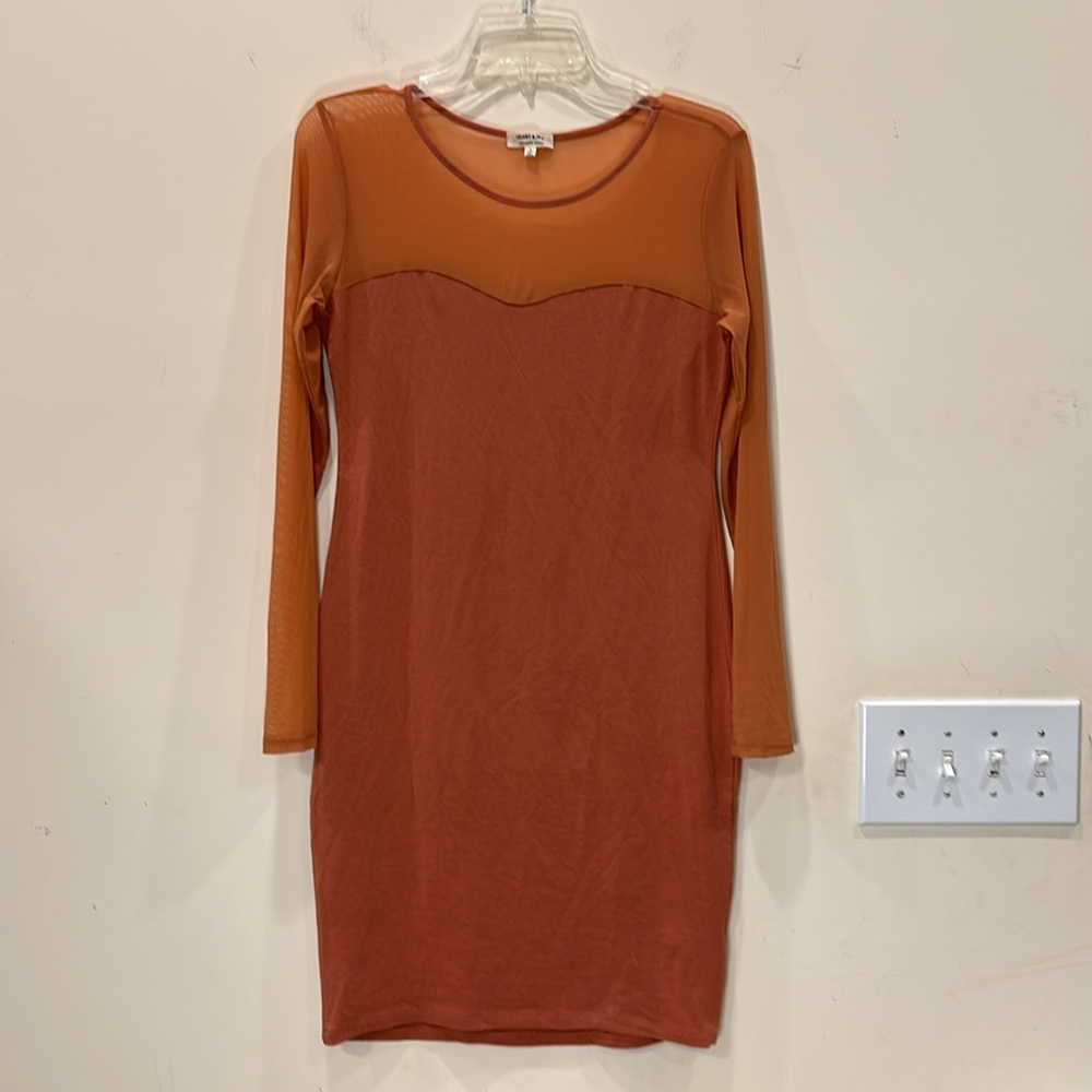 HEART & HIPS DRESS, rust, mesh chest and long sleeves, size: L